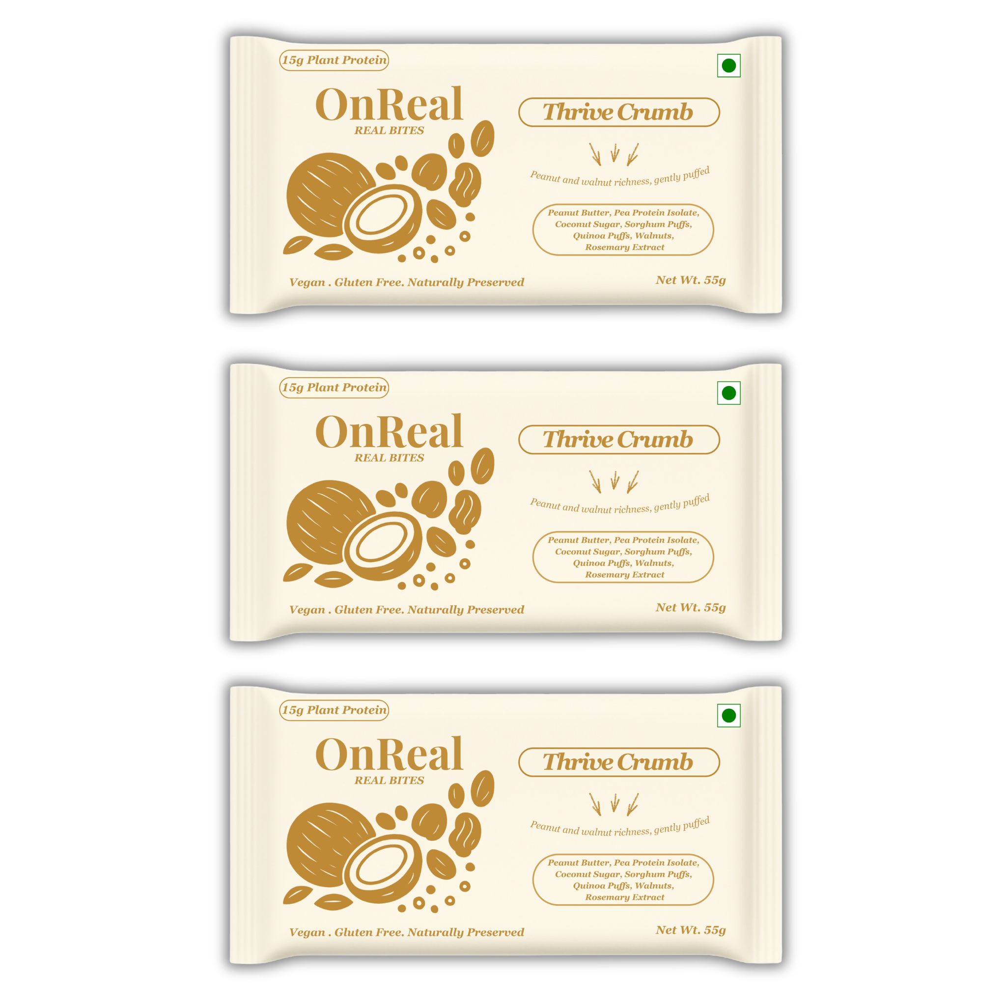 OnReal Thrive Crumb Plant-Based Protein Bars | 15g Plant Protein, No Refined Sugar, High Fibre | Peanut Butter & Walnuts | Made with Jowar & Quinoa Puffs | Vegan, Gluten-Free | Clean Label Snack