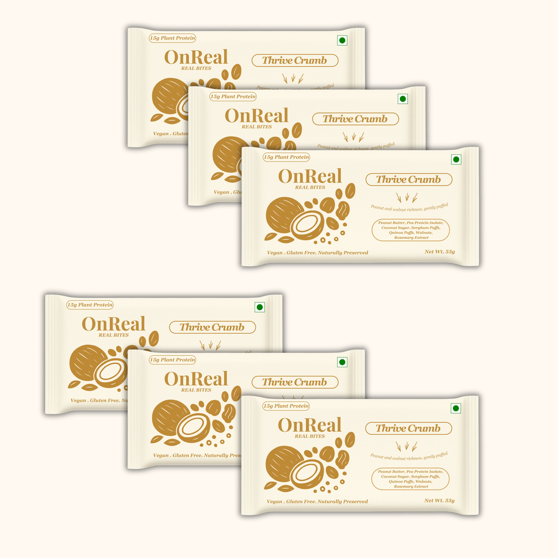 OnReal Thrive Crumb Plant-Based Protein Bars | 15g Plant Protein | Peanut Butter & Walnuts |  Vegan