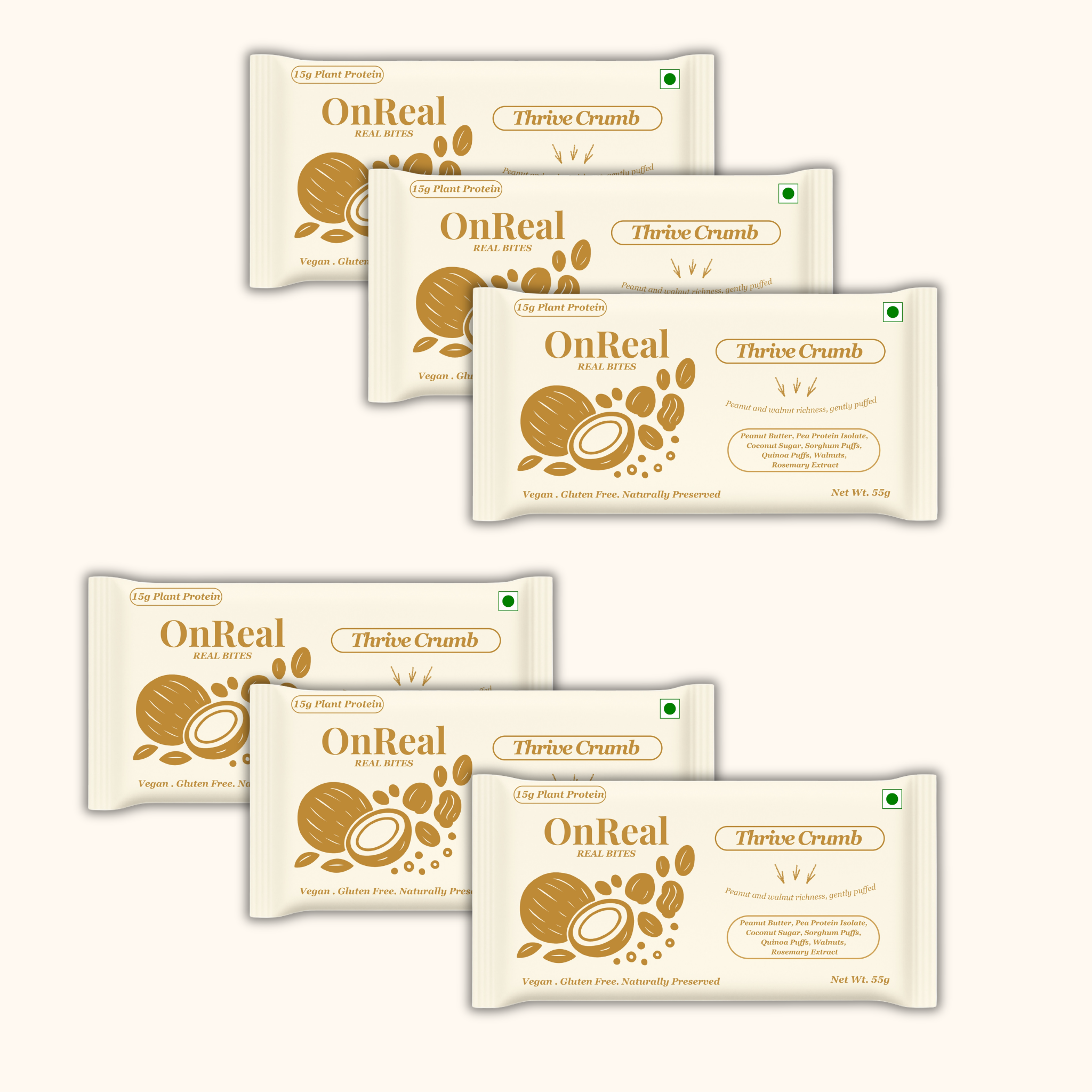 OnReal Thrive Crumb Plant-Based Protein Bars | 15g Plant Protein, No Refined Sugar, High Fibre | Peanut Butter & Walnuts | Made with Jowar & Quinoa Puffs | Vegan, Gluten-Free | Clean Label Snack