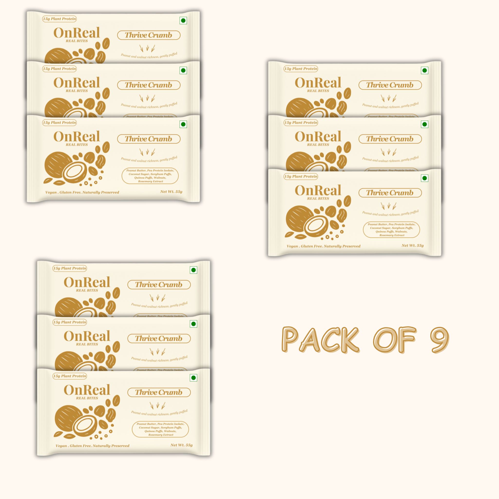 OnReal Thrive Crumb Plant-Based Protein Bars | 15g Plant Protein, No Refined Sugar, High Fibre | Peanut Butter & Walnuts | Made with Jowar & Quinoa Puffs | Vegan, Gluten-Free | Clean Label Snack