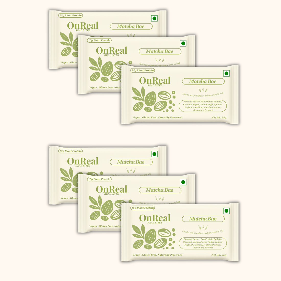OnReal Matcha Bae Plant Protein Bars | 15g Plant Protein | Almond Butter, Pistachios & Matcha | Vegan