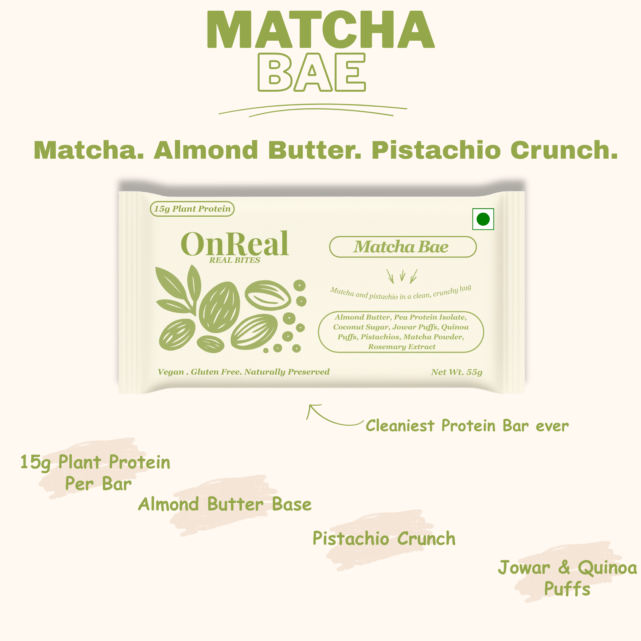 OnReal Matcha Bae Plant Protein Bars | 15g Plant Protein | Almond Butter, Pistachios & Matcha | Vegan