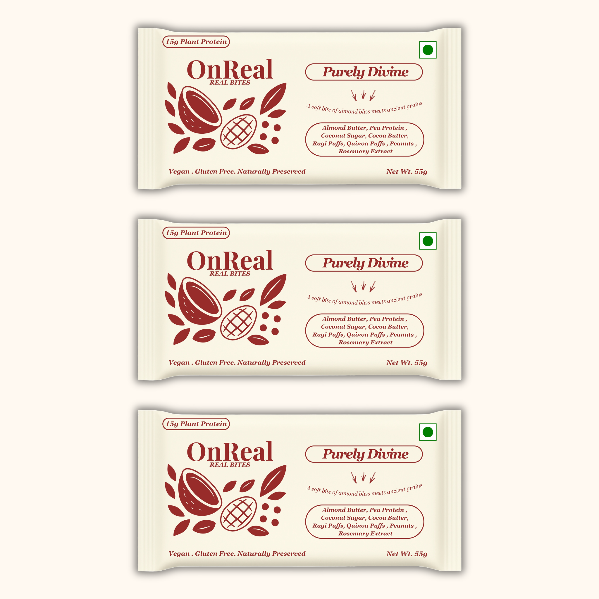 OnReal Purely Divine Plant-Based Protein Bars | 15g Plant Protein, No Refined Sugar, High Fibre | Almond Butter, Ragi & Quinoa Puffs | Vegan, Gluten-Free | Clean Label Snack