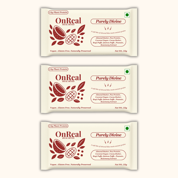 OnReal Purely Divine Plant-Based Protein Bars | 15g Plant Protein, No Refined Sugar, High Fibre | Almond Butter, Ragi & Quinoa Puffs | Vegan, Gluten-Free | Clean Label Snack