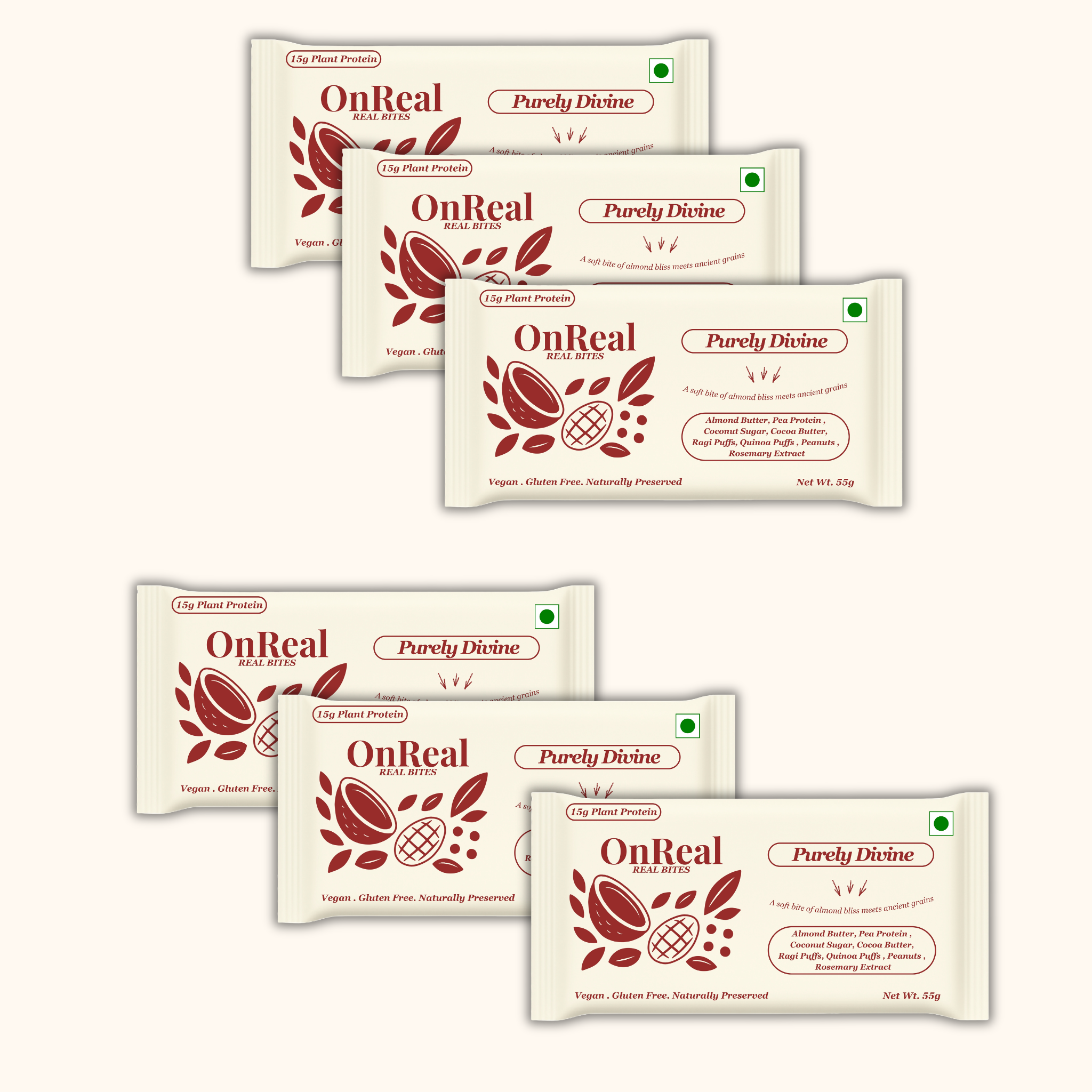 OnReal Purely Divine Plant-Based Protein Bars | 15g Plant Protein, No Refined Sugar, High Fibre | Almond Butter, Ragi & Quinoa Puffs | Vegan, Gluten-Free | Clean Label Snack