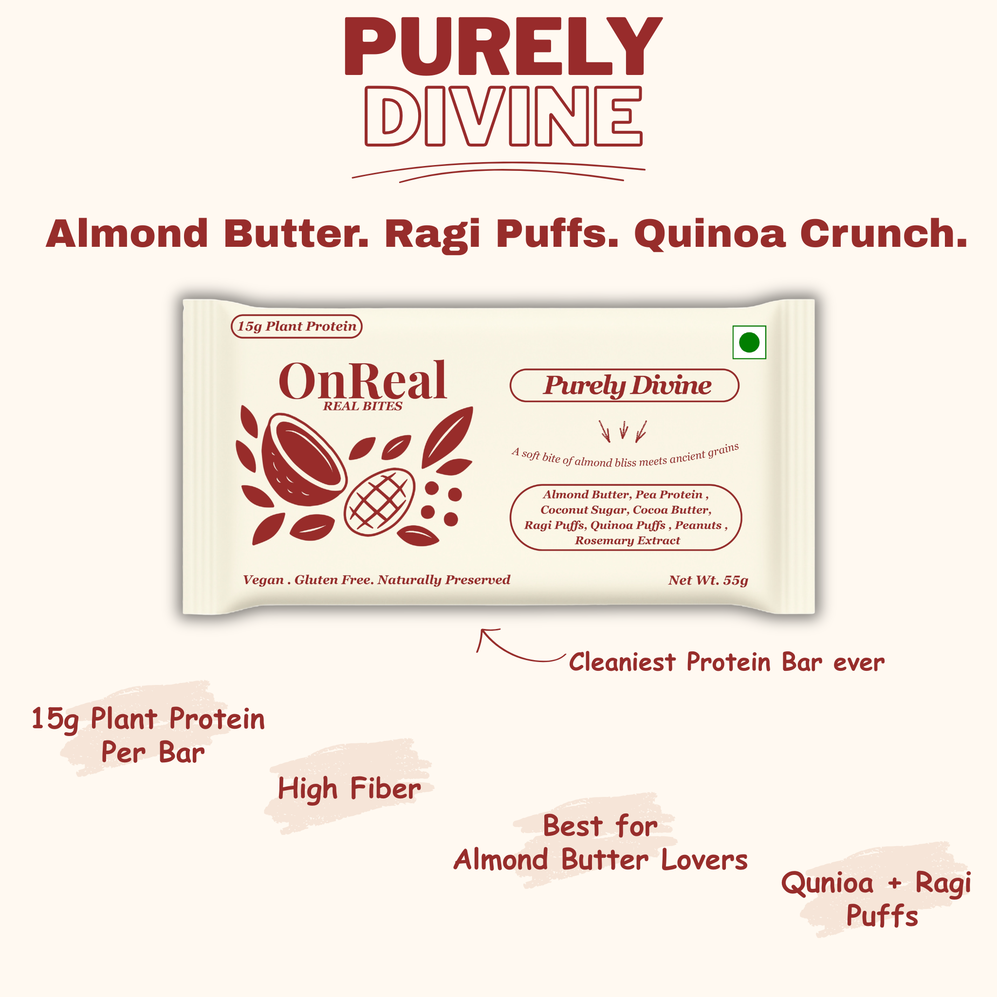 OnReal Purely Divine Plant-Based Protein Bars | 15g Plant Protein, No Refined Sugar, High Fibre | Almond Butter, Ragi & Quinoa Puffs | Vegan, Gluten-Free | Clean Label Snack