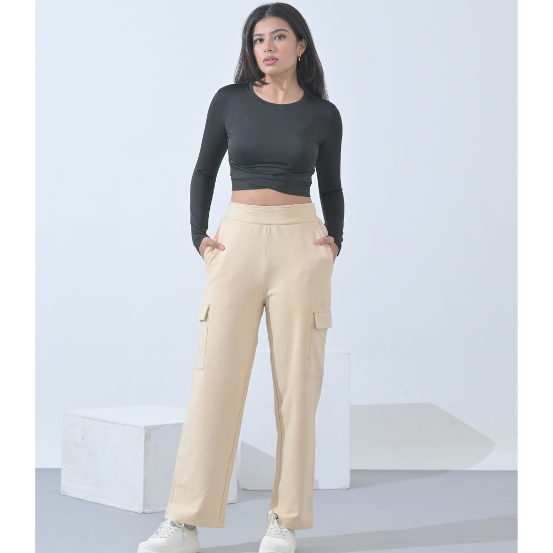 100% Supima Cotton Women Cargo Pants Creme