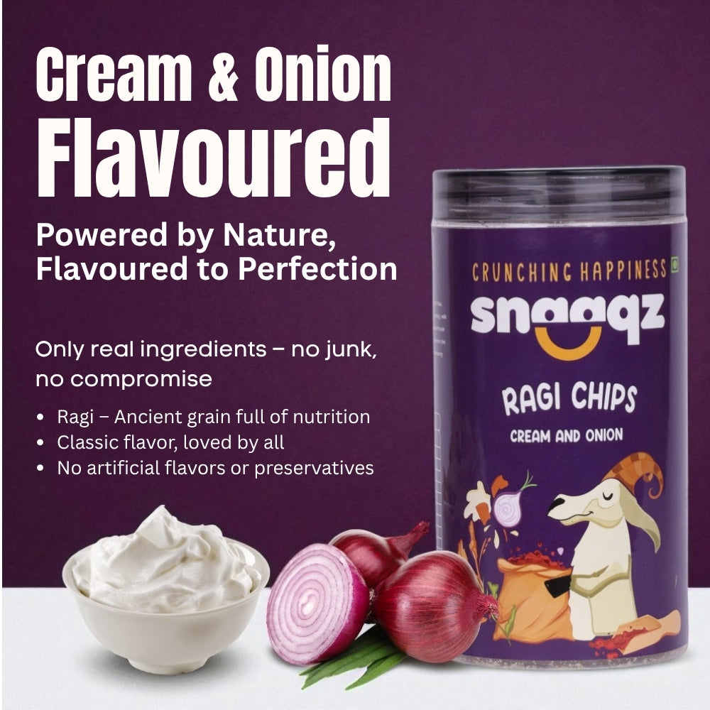 Healthy SNAAQZ Roasted Ragi Chips Cream & Onion 150g – Anytime Snacking Option