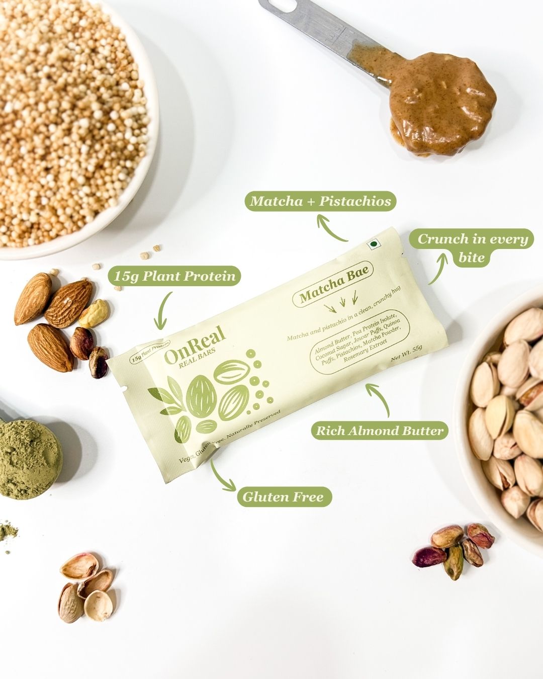 OnReal Matcha Bae Plant Protein Bars | 15g Plant Protein | Almond Butter, Pistachios & Matcha | Vegan