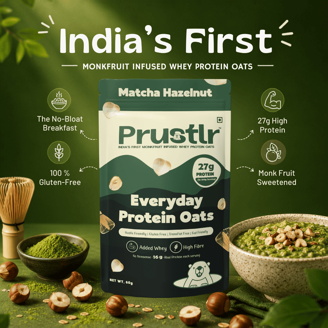 Everyday Protein Oats | Matcha Hazelnut | Pack of 5 x 60g