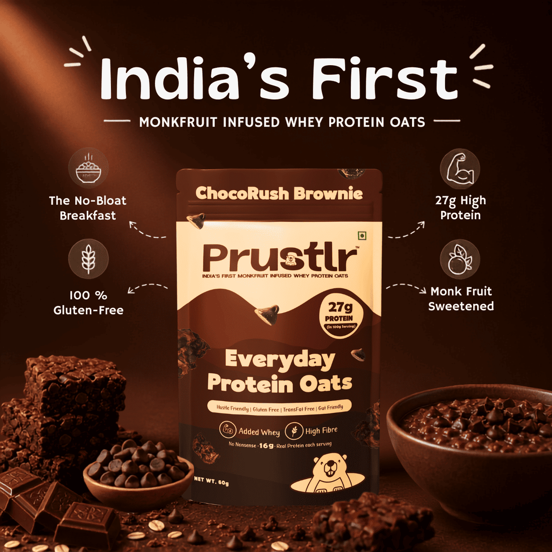 Everyday Protein Oats | ChocoRush Brownie | Pack of 8 x 60g
