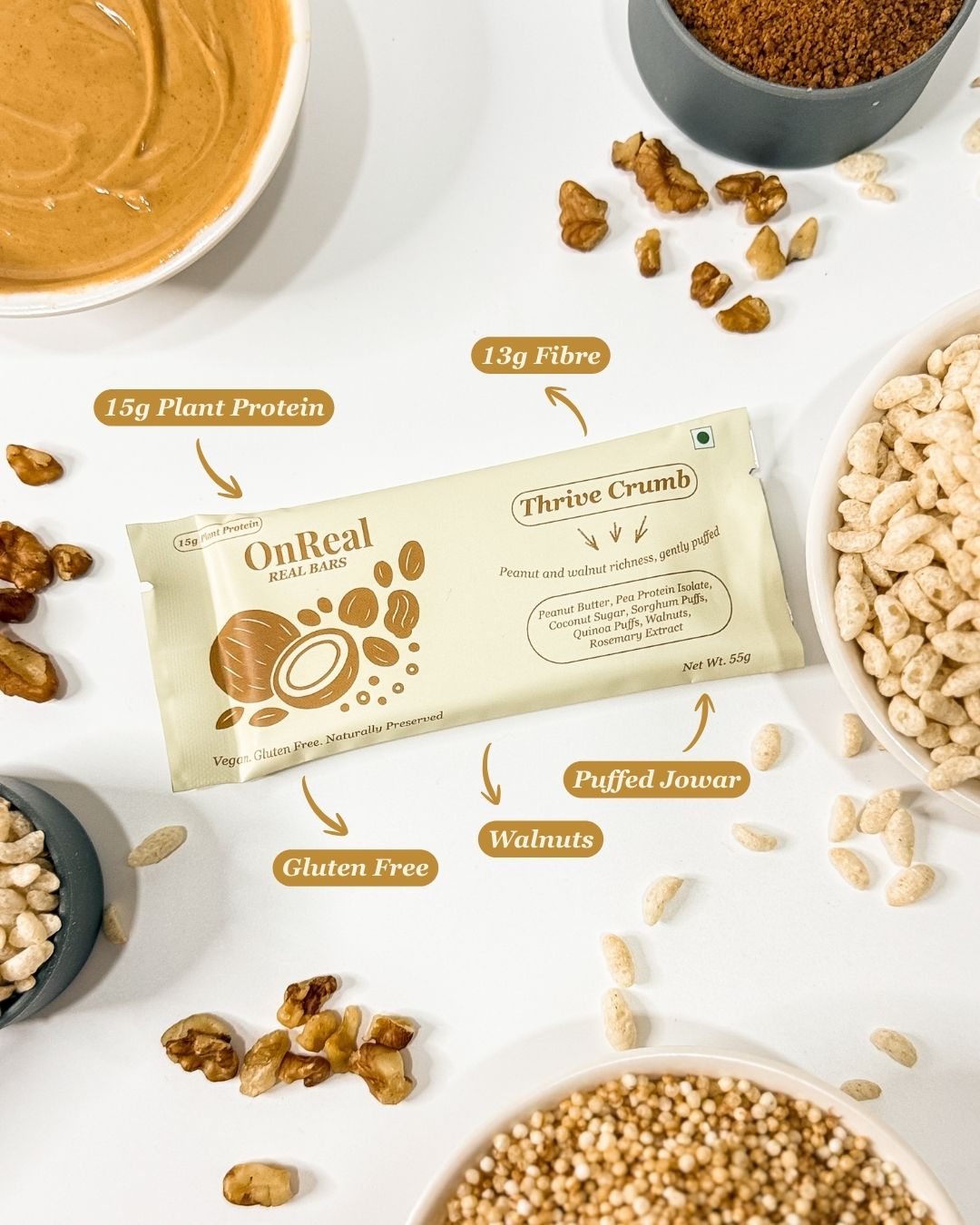 OnReal Thrive Crumb Plant-Based Protein Bars | 15g Plant Protein, No Refined Sugar, High Fibre | Peanut Butter & Walnuts | Made with Jowar & Quinoa Puffs | Vegan, Gluten-Free | Clean Label Snack
