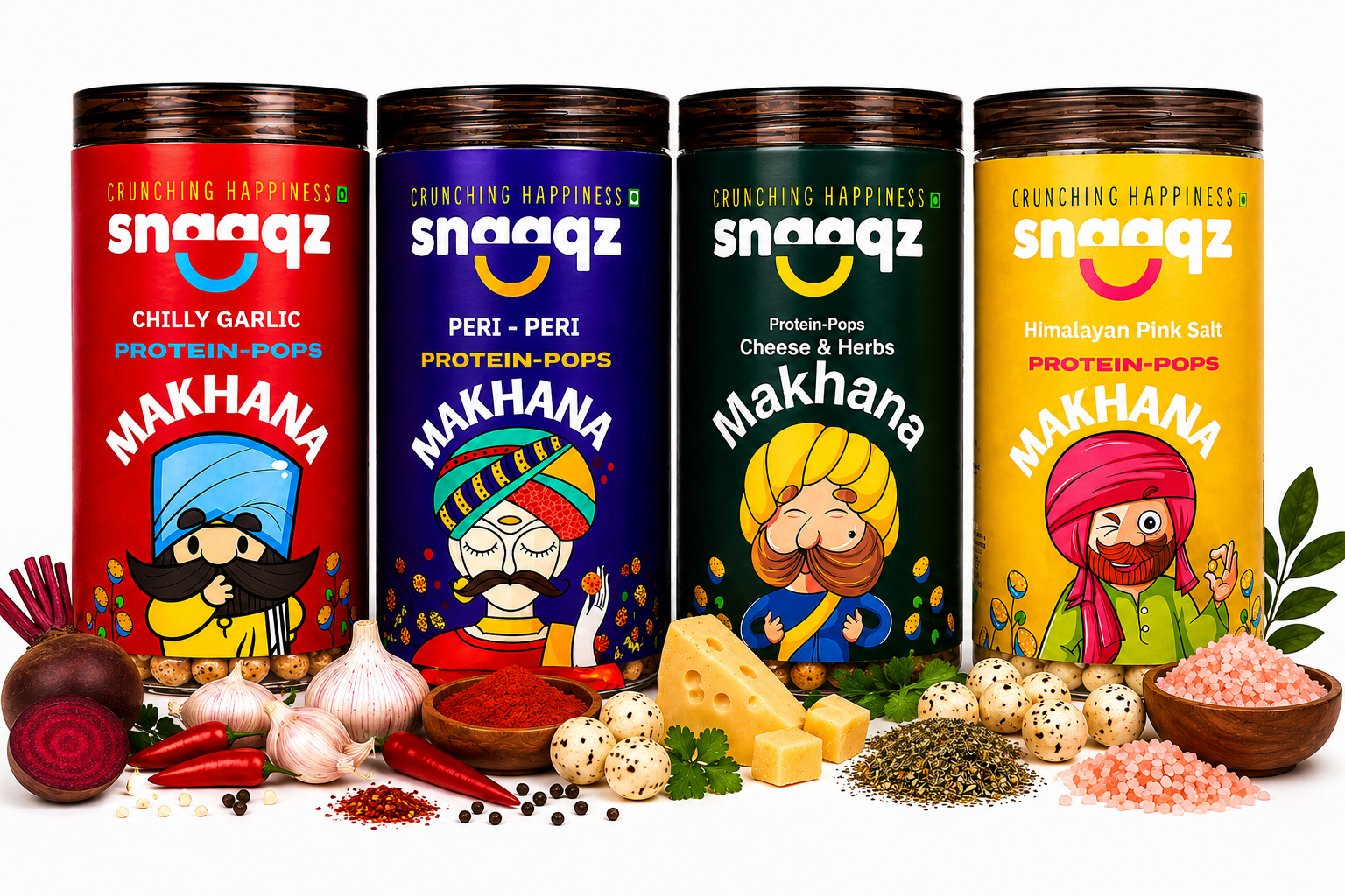 SNAAQZ Makhana Combo – Himalayan Pink Salt, Peri Peri, Chilly Garlic & Cheese & Herbs | 4 x 70 gms