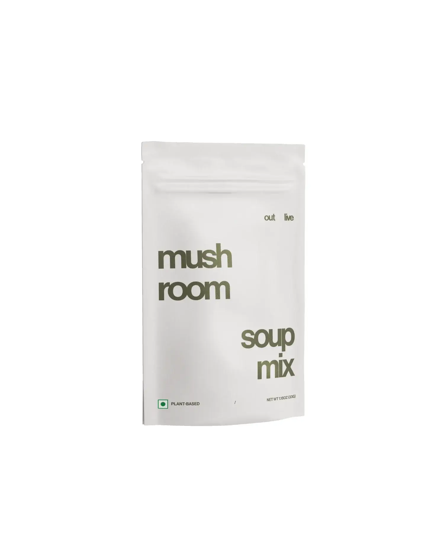 Outlive Mushroom Soup Mix in a minimalist white pouch with green text. A plant-based, ready-to-consume soup mix for wellness and nourishment.