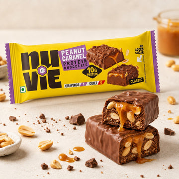 Nuvie Peanut Caramel Protein Chocolate bar with peanuts and caramel