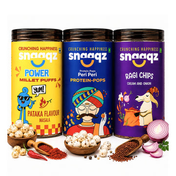 SNAAQZ Ultimate Healthy Snacking Combo – Ragi Chips, Peri Peri Makhana & Power Millet Puffs