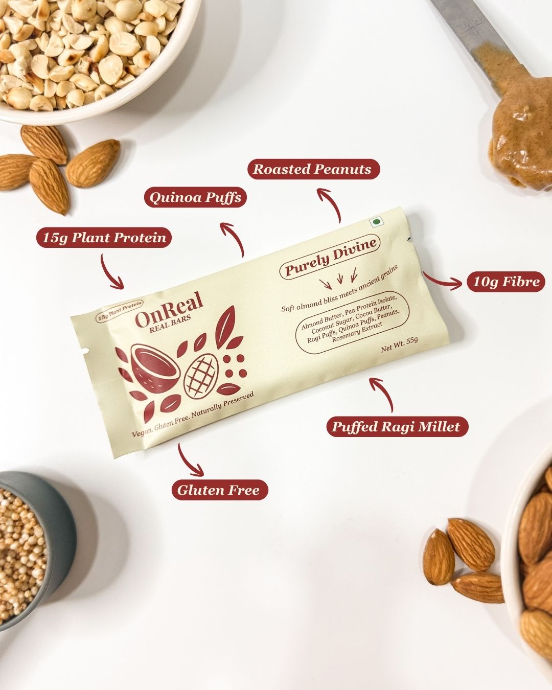 OnReal Purely Divine Plant-Based Protein Bars | 15g Plant Protein, No Refined Sugar, High Fibre | Almond Butter, Ragi & Quinoa Puffs | Vegan, Gluten-Free | Clean Label Snack