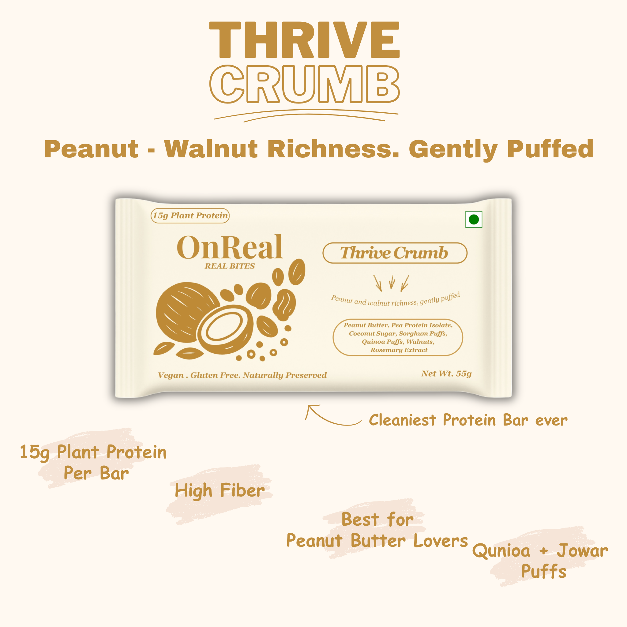 OnReal Thrive Crumb Plant-Based Protein Bars | 15g Plant Protein, No Refined Sugar, High Fibre | Peanut Butter & Walnuts | Made with Jowar & Quinoa Puffs | Vegan, Gluten-Free | Clean Label Snack